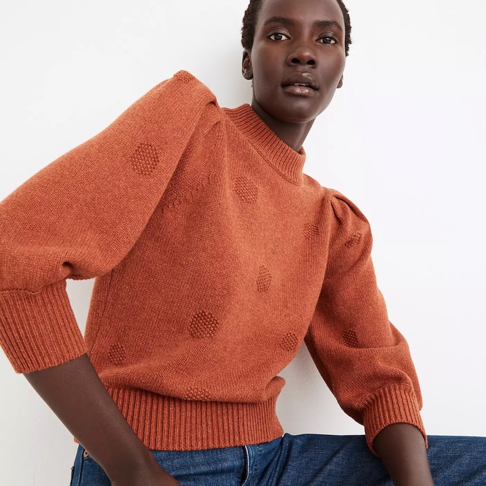 Madewell Dotted Eaton Puff-Sleeve Pullover Sweater in Cotton-Merino Yarn